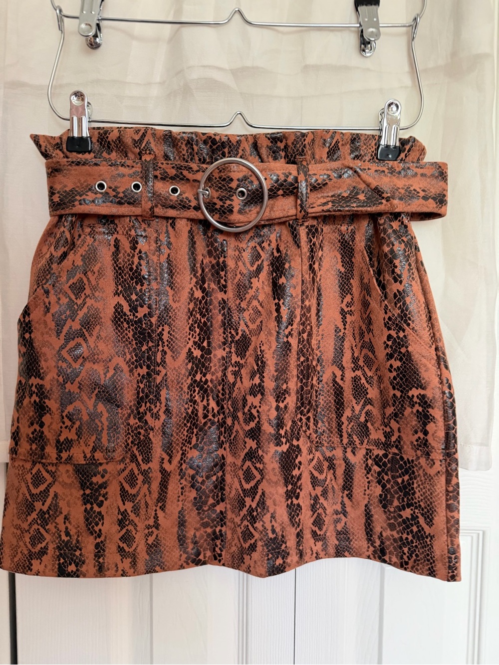 Rust Snake-Print Belted Mini Skirt
